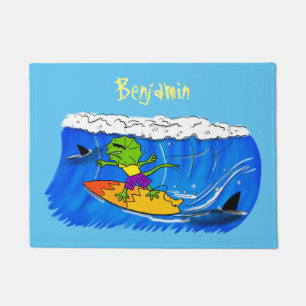 Funny frilled neck lizard surfing cartoon doormat