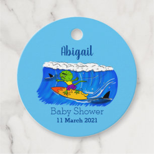 Funny frilled neck lizard surfing cartoon favour tags