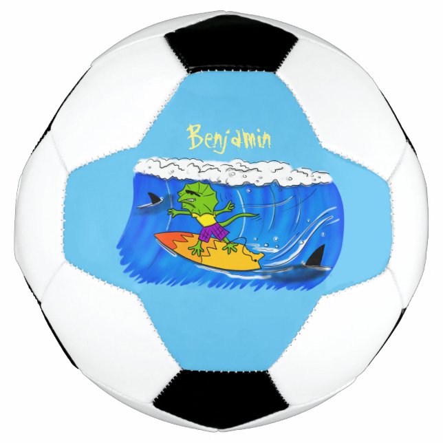Funny frilled neck lizard surfing cartoon football (Front)