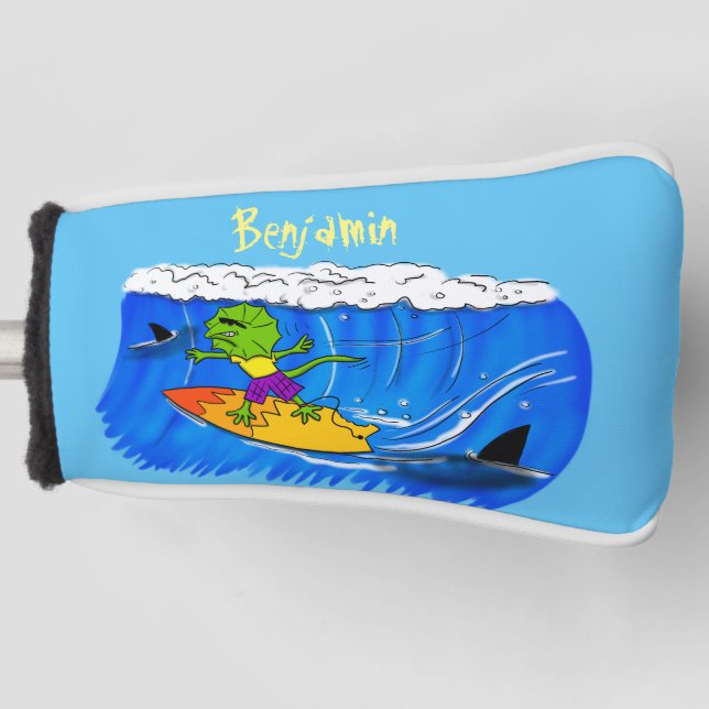 Funny frilled neck lizard surfing cartoon golf head cover (Front)