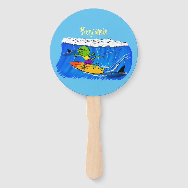 Funny frilled neck lizard surfing cartoon hand fan (Front)