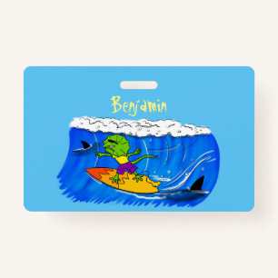 Funny frilled neck lizard surfing cartoon ID badge
