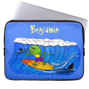 Funny frilled neck lizard surfing cartoon laptop sleeve