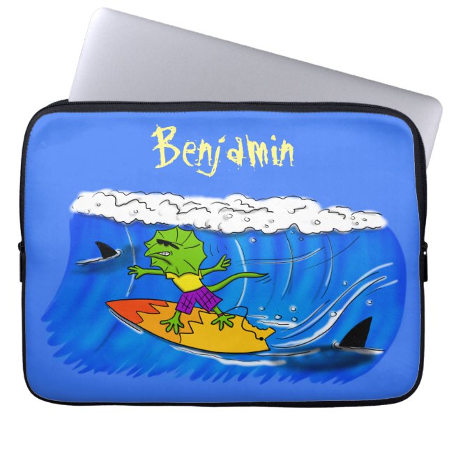 Funny frilled neck lizard surfing cartoon laptop sleeve (Front)
