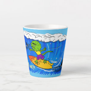 Funny frilled neck lizard surfing cartoon latte mug