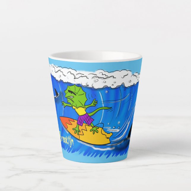 Funny frilled neck lizard surfing cartoon latte mug (Front)