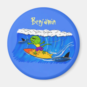 Funny frilled neck lizard surfing cartoon magnet