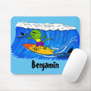 Funny frilled neck lizard surfing cartoon mouse mat