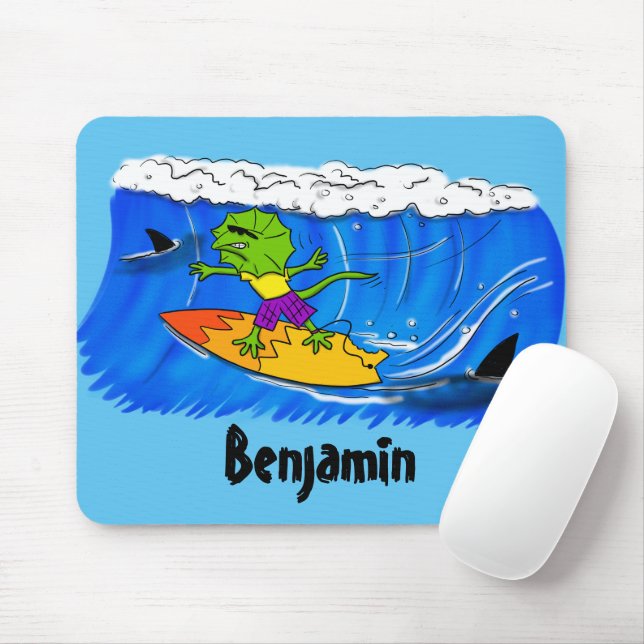 Funny frilled neck lizard surfing cartoon mouse mat (With Mouse)
