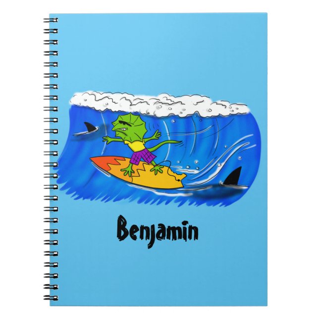 Funny frilled neck lizard surfing cartoon notebook (Front)