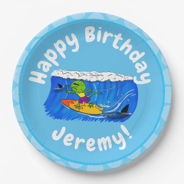 Funny frilled neck lizard surfing cartoon paper plate (Front)
