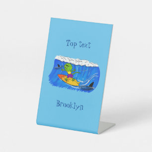 Funny frilled neck lizard surfing cartoon  pedestal sign