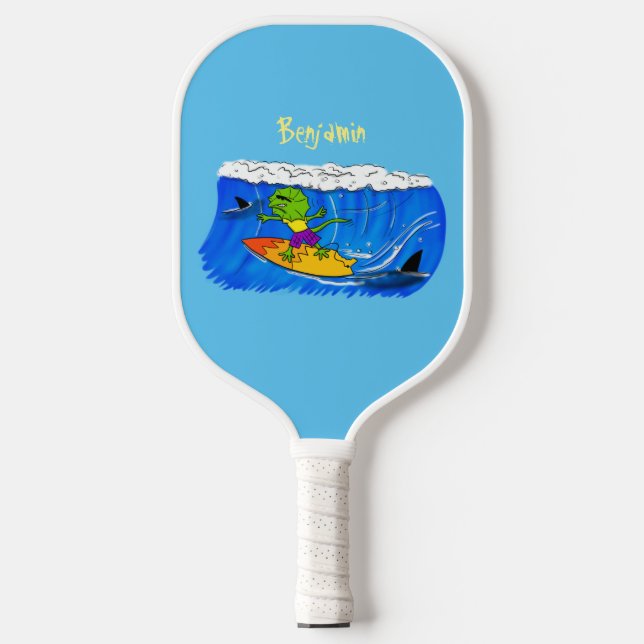 Funny frilled neck lizard surfing cartoon  pickleball paddle (Front)