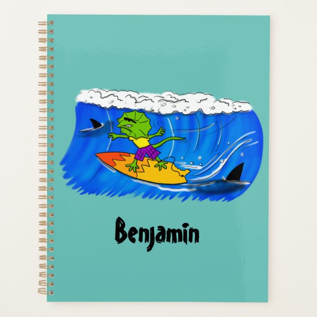 Funny frilled neck lizard surfing cartoon planner (Front)