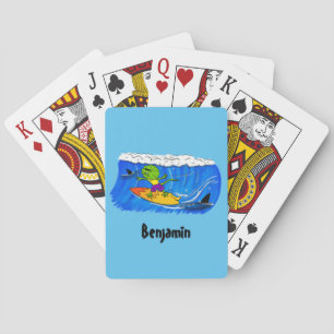 Funny frilled neck lizard surfing cartoon playing cards