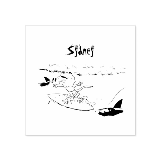 Funny frilled neck lizard surfing cartoon rubber stamp (Imprint)