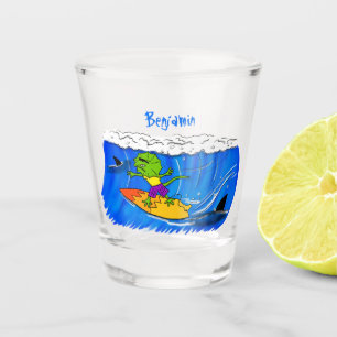 Funny frilled neck lizard surfing cartoon shot glass