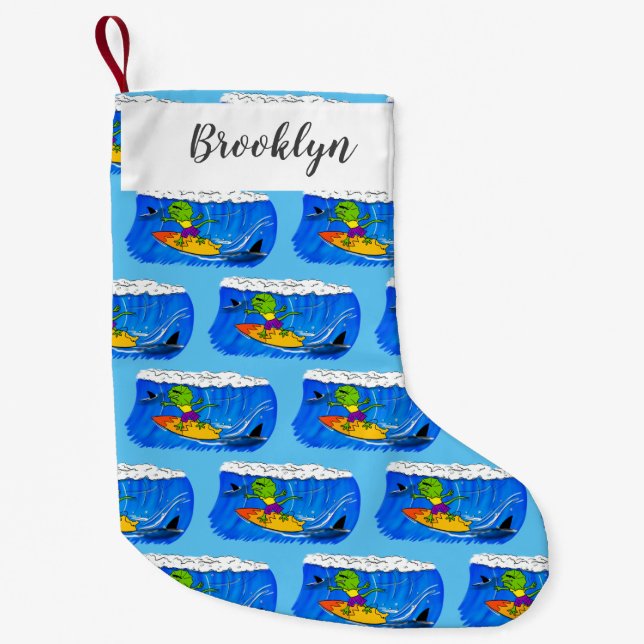 Funny frilled neck lizard surfing cartoon small christmas stocking (Front)