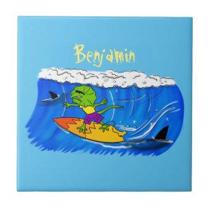 Funny frilled neck lizard surfing cartoon tile