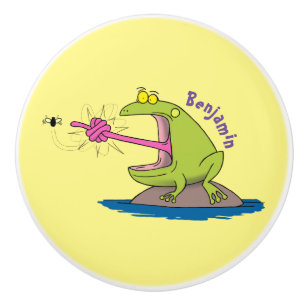 Funny frog and fly cartoon ceramic knob
