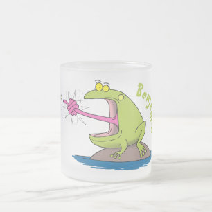 Funny frog and fly cartoon frosted glass coffee mug