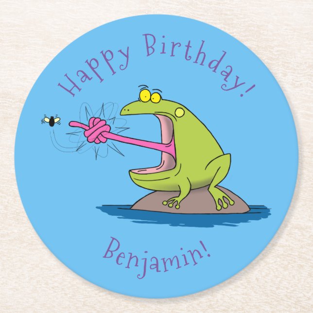 Funny frog and fly cartoon round paper coaster (Front)