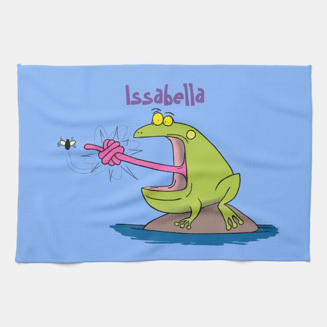 Funny frog and fly cartoon tea towel (Horizontal)