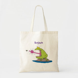 Funny frog and fly cartoon tote bag