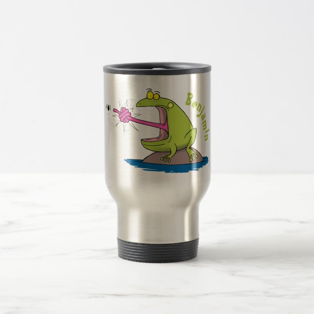 Funny frog and fly cartoon travel mug (Center)