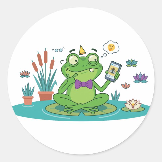 Funny Frog Browsing Smartphone Classic Round Sticker (Front)