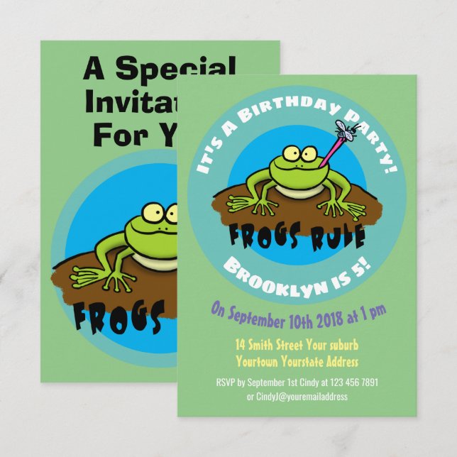Funny frog cartoon birthday invitation (Front/Back)