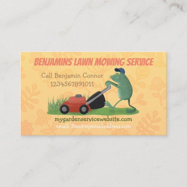 Funny frog cartoon lawn mowing gardening services business card (Front)