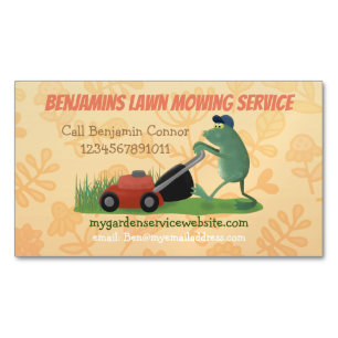 Funny frog cartoon lawn mowing gardening services 	Magnetic business card