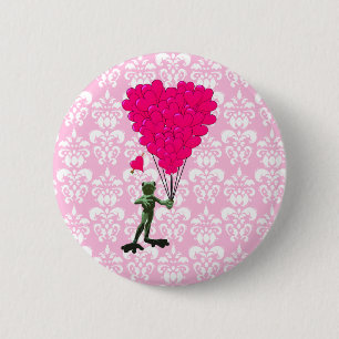 Funny frog cartoon & pink heart on damask 6 cm round badge