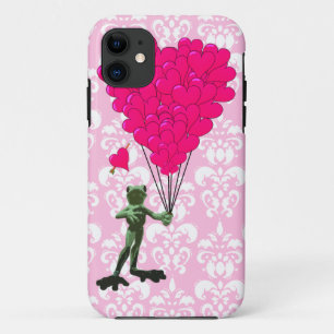 Funny frog cartoon & pink heart on damask iPhone 11 case