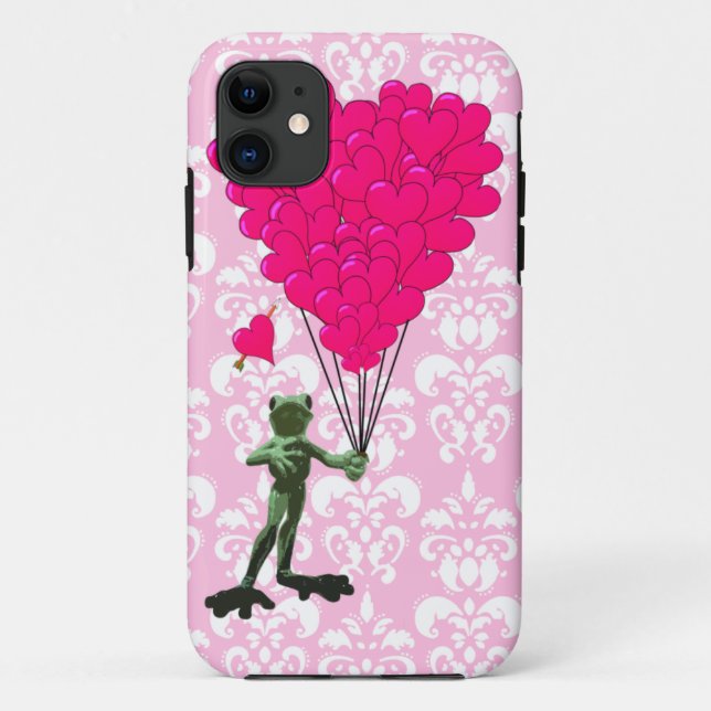 Funny frog cartoon & pink heart on damask Case-Mate iPhone case (Back)