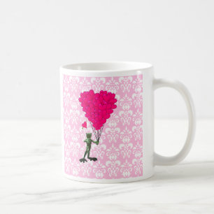 Funny frog cartoon & pink heart on damask coffee mug