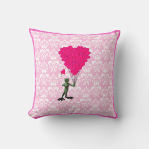 Funny frog cartoon & pink heart on damask cushion