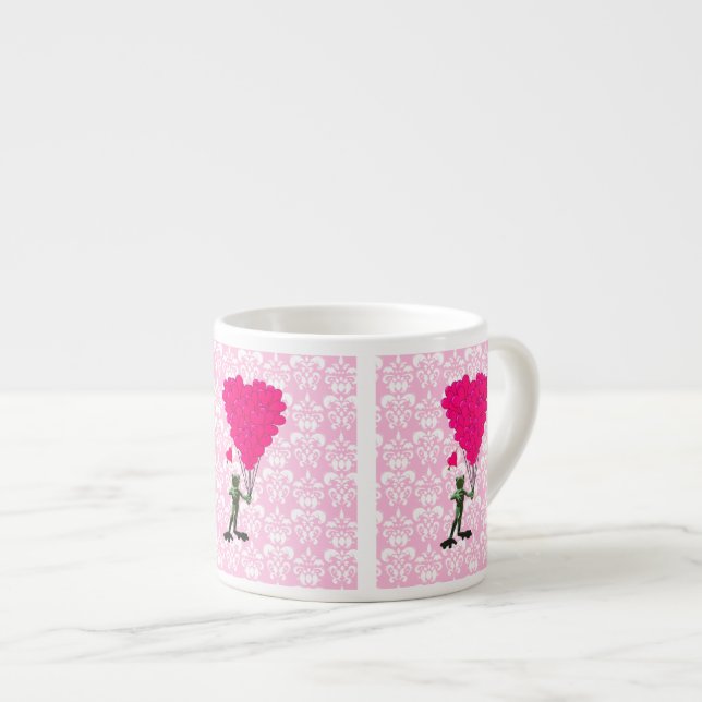 Funny frog cartoon & pink heart on damask espresso cup (Front Right)