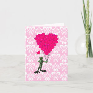 Funny frog cartoon & pink heart on damask holiday card