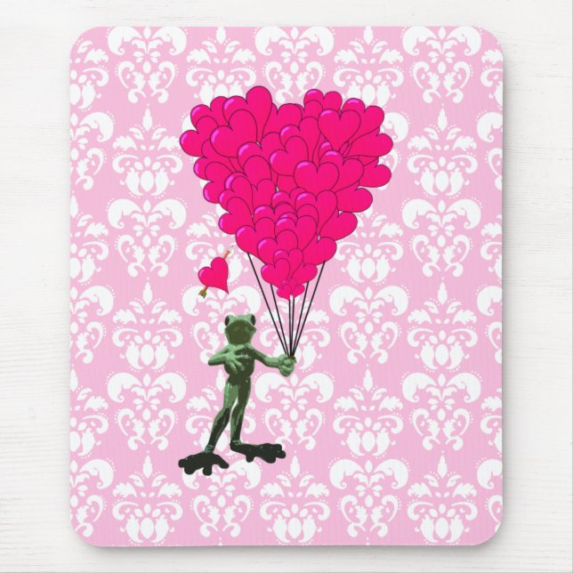 Funny frog cartoon & pink heart on damask mouse mat (Front)