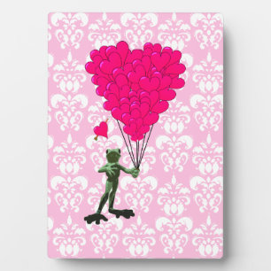 Funny frog cartoon & pink heart on damask plaque