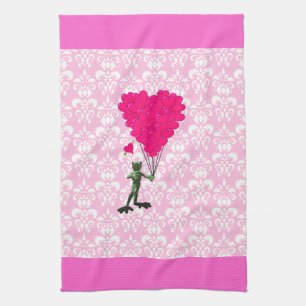 Funny frog cartoon & pink heart on damask tea towel