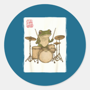 Funny Frog Drum Rock Music Kawaii Japanese Classic Round Sticker