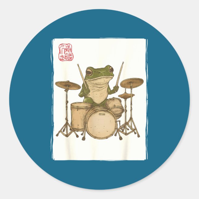 Funny Frog Drum Rock Music Kawaii Japanese  Classic Round Sticker (Front)