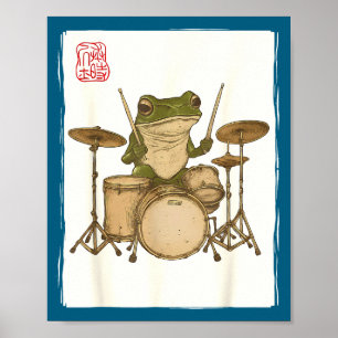 Funny Frog Drum Rock Music Kawaii Japanese Poster