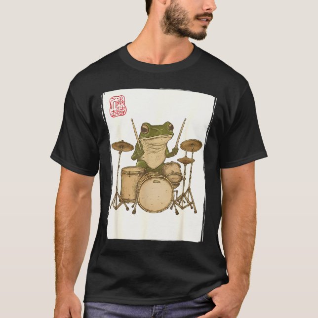 Funny Frog Drum Rock Music Kawaii Japanese  T-Shirt (Front)