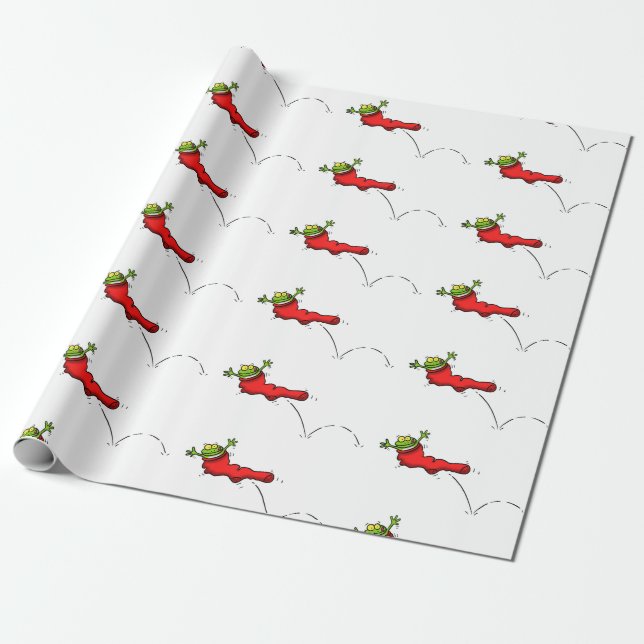 Funny frog in red stocking Christmas cartoon Wrapping Paper (Unrolled)