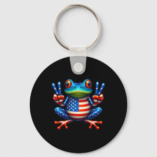Funny Frog Peace Sign 4th Of July Frog American Fl Key Ring