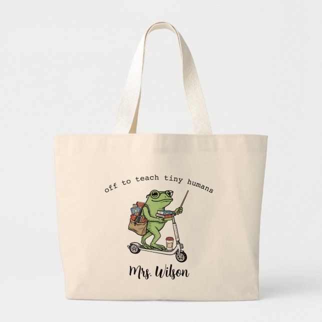Funny Frog Personalised Teacher Gift, Custom name Large Tote Bag (Front)